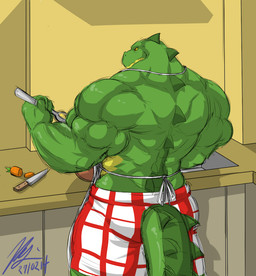 2014 abs alligator anthro apron back back_turned biceps big_muscles carrot clothing cooking crocodile flammars food frown green_skin horn kitchen knife male muscles orange_eyes pecs pose reptile scales scalie shorts solo spoon standing toned topless wani yellow_eyes yellow_skin
Rating: Safe
Score: 4
User: MJ1988
Date: February 27, 2014
