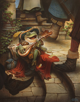 4_fingers ambiguous_gender anthro black_clothing black_hat black_headwear boots cape clothing coin eyes_closed fingers footwear gold_(metal) gold_coin green_body group hat headgear headwear holding_lute loose_feather membrane_(anatomy) open_mouth outside plant playing_lute red_cape red_clothing shoes size_difference smile solo_focus stairs stone_floor webbed_hands justin_gerard huion amphibian frog 2023 absurd_res digital_media_(artwork) hi_res