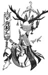 4_fingers accessory anthro antler_jewelry antlers armwear banner black_and_white braided_hair clothed clothing constructed_language cuffs_(clothing) deity digital_drawing_(artwork) digital_media_(artwork) eyeless faceless_anthro faceless_character feathers female fingers floral_pattern furgonomics guide_lines hair halo haxera_stub hi_res horn jewelry leaf levitation monochrome mouthless mythological_creature mythology nyokvagyaanok robe shaded single_braid solo tail tail_accessory tail_feathers tail_jewelry text