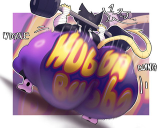 anthro bandage bandaged_arm bandaged_hand big_butt black_body bottomwear butt clothing female huge_butt pants solo tail text weights crowundeadcat miss_crow domestic_cat felid feline felis mammal hi_res