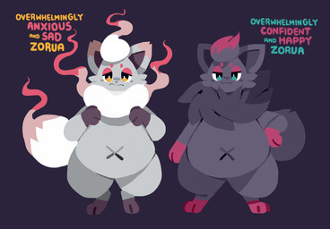 ambiguous_gender anthro belly biped blue_eyes dipstick_ears dipstick_hair dipstick_limbs dipstick_tail duo ear_markings emotion_chart fluffy fluffy_tail fur fur_tuft grey_background hand_on_hip head_tuft markings multicolored_ears navel neck_tuft obese orange_eyes overweight paws pear-shaped_figure semi-anthro simple_background smile tail tail_markings tail_tuft text tuft wide_hips worried x_navel sutihukka nintendo pokemon pokemon_legends_arceus canid generation_5_pokemon generation_8_pokemon hisuian_form hisuian_zorua mammal pokemon_(species) regional_form_(pokemon) zorua 2025 absurd_res english_text hi_res