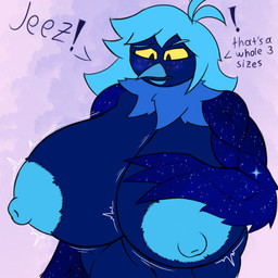 anthro areola beak big_breasts blue_body blue_fur blue_hair blush blush_lines breast_expansion breasts confusion dark_pupils dialogue erect_nipples expansion exposed_breasts feather_hands feathered_wings feathers female fur hair huge_breasts hyper hyper_breasts long_hair muscular muscular_anthro muscular_female neck_tuft nipples nude open_mouth simple_background solo text thick_thighs tongue tuft winged_arms wings yellow_eyes yellow_sclera car_man undertale undertale_(series) undertale_yellow martlet_(undertale_yellow) martlet_(zenith_form) avian bird monster 1:1 digital_media_(artwork) english_text hi_res