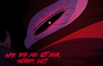 anthro avian bird black_background black_eyes disappointed english_text helluva_boss hi_res looking_at_viewer looking_back male owl owl_demon paimon_(helluva_boss) red_text simple_background solo teathekook text