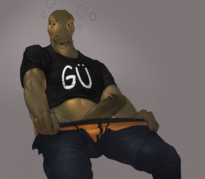 anthro big_penis bodily_fluids bottomwear clothed clothing denim denim_bottomwear denim_clothing drunk erection genital_fluids genitals humanoid_genitalia humanoid_penis jeans looking_at_viewer male male_anthro pants partially_clothed penis precum shirt simple_background solo substance_intoxication tattoo topwear underwear darkgem lizard reptile scalie snake