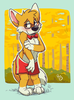 anthro arm_tuft blush bottomwear cheek_tuft clothed clothing dipstick_ears ear_markings elbow_tuft eyewear facial_tuft front_view fur glasses gloves_(marking) grass head_tuft leg_markings logo looking_aside male markings multicolored_ears necktie plant red_necktie shorts shy socks_(marking) solo standing topless tree tuft white_body white_fur yellow_body yellow_fur young young_anthro young_male pandapaco canid canine mammal artist_logo full-length_portrait portrait signature