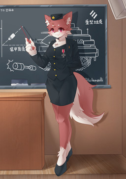 anthro black_bottomwear black_clothing black_footwear black_shoes black_skirt bottomwear chalkboard chalkboard_eraser clothing cross feet female floor footwear fur gold_buttons gold_star iron_cross lectern machine medal pink_body pink_eyes pink_fur ranged_weapon red_body shoes skirt solo tank_(vehicle) teacher text tracked_vehicle turret uniform vehicle weapon white_feet white_hands wood wood_floor lalamedli canid canine canis domestic_dog fox german_shepherd herding_dog mammal pastoral_dog absurd_res chinese_text hi_res translated