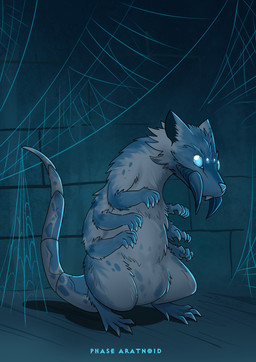 ambiguous_gender blue_body blue_eyes blue_feet blue_fur blue_hands empty_eyes fangs feet feral fur glowing glowing_eyes markings micro multi_eye multi_limb segmented_tail solo spider_web spots spotted_markings standing teeth white_body white_fur pankallisti arachnid arthropod hybrid mammal murid murine phase_spider rat rodent spider hi_res