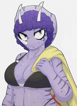 aggressive angry anthro athletic athletic_anthro athletic_female big_breasts black_bra black_clothing black_panties black_underwear bra breasts clothed clothed_anthro clothed_female clothing facial_horn female fingers frill_(anatomy) front_view frown hair hoodie horn humanoid_hands looking_at_viewer markings medium_hair midriff non-mammal_breasts panties purple_body purple_eyes purple_hair simple_background solo sports_bra standing striped_markings stripes topwear underwear white_background yellow_clothing yellow_hoodie yellow_topwear mike_jeb goodbye_volcano_high ko_op_(game_developer) trish_(gvh) ceratopsian ceratopsid chasmosaurine dinosaur marginocephalian ornithischian prehistoric_species reptile scalie triceratops absurd_res colored half-length_portrait hi_res portrait shaded