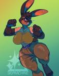 anthro bodysuit buckteeth clothing female hi_res lagomorph latex leporid looking_at_viewer mammal open_mouth rabbit skinsuit skymachine smile solo teeth thick_thighs tight_clothing wide_hips