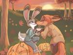 2018 anthro autumn bottomwear buckteeth canid canine clothed clothing container cup dipstick_ears disney duo eyes_closed food fox fruit fully_clothed fur grass grey_body grey_fur hi_res holding_container holding_cup holding_object inner_ear_fluff jacket judy_hopps lagomorph leaf leporid mammal multicolored_ears nick_wilde open_mouth open_smile orange_body orange_fur outside pants plant pumpkin purple_eyes rabbit red_fox sitting_on_pumpkin sky smile sunset teeth topwear tree true_fox tuft white_body white_fur xx-junglebeatz-xx zootopia