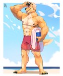 anthro barefoot beach black_claws black_nose claws clothed clothing cooler eyewear feet fur green_eyes humanoid_hands male muscular muscular_anthro muscular_male navel nipples pink_nipples pink_tongue plantigrade seaside solo standing sunglasses swimming_trunks swimwear tongue tongue_out topless towel yellow_body yellow_fur borkthunder chase_(retriever) bird_dog canid canine canis domestic_dog golden_retriever hunting_dog mammal retriever 2021 hi_res