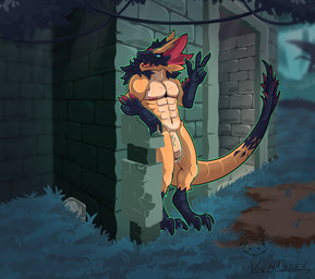 3_toes 5_fingers abs anthro anthrofied arm_support black_body black_scales bodily_fluids claws digitigrade feet fingers flaccid foreskin forest fusion genital_fluids genitals grass hidden jungle leaning leaning_on_elbow leaning_on_wall male muscular muscular_male nipples orange_body orange_scales penis plant precum rock ruins scales solo spines stone_wall talon_hands talons toes tree vines wall_(structure) vinzin_(artist) ambient_among_us among_us capcom innersloth monster_hunter mythology prowler_(game) silukrik dragon dusk_prowler flying_wyvern mythological_creature mythological_scalie nargacuga scalie 2025 absurd_res hi_res