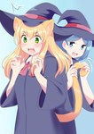 blonde_hair blue_eyes blue_hair blush clothing duo female green_eyes hair hat headgear headwear open_mouth pink_nose ribbons robe simple_background smile surprise tail tail_grab witch_hat roina animal_humanoid cat_humanoid felid felid_humanoid feline feline_humanoid humanoid mammal mammal_humanoid 2019