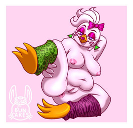anthro anus areola avian_feet beak beakstick belly belly_overhang big_breasts border breasts clothing deep_navel ear_piercing eyelashes eyeshadow facial_markings feathers female front_view furgonomics genitals green_clothing green_legwear hand_behind_head head_feathers head_markings head_tuft heart_eyes heart_symbol legwear legwear_only lipstick looking_at_viewer lying makeup markings navel nipples non-mammal_breasts non-mammal_navel non-mammal_nipples nude on_side overweight overweight_anthro overweight_female pattern_clothing pattern_legwear piercing pink_anus pink_areola pink_background pink_bow pink_eyeshadow pink_lipstick pink_nipples purple_clothing purple_eyes purple_legwear simple_background smile solo spread_legs spreading thick_thighs tuft vulva white_body white_border white_feathers wide_hips buncakes five_nights_at_freddy's five_nights_at_freddy's:_security_breach scottgames steel_wool_studios glamrock_chica avian bird chicken galliform phasianid