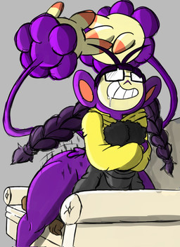 2_tails afro anthro anthro_on_anthro black_hair bodily_fluids clothing drooling duo eyewear female from_front_position fur furniture glasses grey_background grey_clothing grey_hoodie grey_topwear hair hoodie larger_female male male/female multi_tail multicolored_body multicolored_fur nerd on_sofa purple_body purple_fur purple_hair saliva sex simple_background size_difference smaller_male smile sofa tail tan_body tan_fur teeth topwear wearing_glasses white_sofa yellow_clothing yellow_topwear hyenakenisis nintendo pokemon ty_kenisis ambipom generation_3_pokemon generation_4_pokemon pokemon_(species) poochyena hi_res