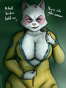 anthro areola big_breasts blue_eyes breasts dialogue fangs female fur half-closed_eyes huge_breasts looking_at_viewer mature_anthro mature_female multicolored_body multicolored_fur narrowed_eyes open_mouth pink_body pink_fur pink_nose solo teeth text two_tone_body two_tone_fur unzipping_bodysuit white_body white_fur zipper oystercatcher7 nintendo star_fox star_fox_(2026) katt_monroe domestic_cat felid feline felis mammal 2026 artist_name english_text hi_res signature