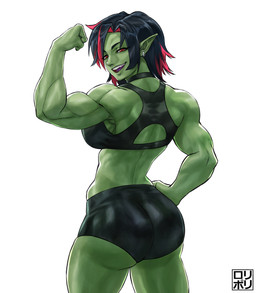black_hair bottomwear bra butt clothing ear_piercing ear_ring facial_piercing female flexing flexing_bicep green_body green_skin hair highlights_(coloring) hotpants humanoid_pointy_ears lip_piercing muscular muscular_female muscular_humanoid nose_piercing nose_ring open_mouth piercing pointy_ears red_eyes red_hair ring_piercing shorts simple_background smile solo sports_bra underwear white_background jamrolypoly humanoid orc absurd_res hi_res