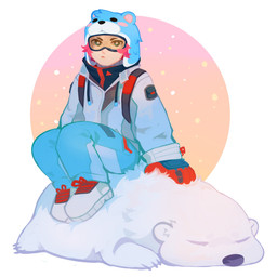 blue_bottomwear blue_clothing blue_hat blue_headwear blue_pants bottomwear clothed clothing duo eyes_closed eyewear female feral fur goggles hair hat headgear headwear light_body light_skin lying mouth_closed on_front pants pink_hair simple_background sitting three-quarter_view unsigned white_body white_fur corzh77 bear human mammal polar_bear ursine 1:1 absurd_res hi_res