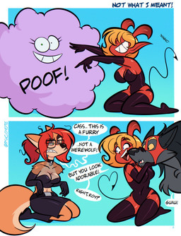 anthro biped black_clothing black_nose blonde_hair blue_eyes breasts cheek_tuft cleavage clothed clothed_anthro clothed_female clothed_humanoid clothing collar collarbone countershade_face countershade_neck countershade_torso countershading curved_horn dialogue duo eye_through_hair eyebrow_through_hair eyebrows eyelashes eyelashes_through_hair eyewear facial_tuft female female_anthro female_humanoid fingerless_gloves fully_clothed fully_clothed_anthro fully_clothed_female fully_clothed_humanoid fur glasses gloves grin hair handwear holding_photo horn human_to_anthro kneeling leotard line_tail linked_speech_bubble looking_at_another magic_user mask midriff mole_under_mouth open_mouth open_smile page_number plantar_flexion ponytail poof_transformation red_body red_hair red_skin smile smiling_at_another snaggle_tooth snout spade_tail species_transformation speech_bubble tail tan_body tan_fur text thin_tail title toony toony_eyes transformation translucent translucent_hair tuft wearing_glasses wearing_mask psicoyote mythology veronica_(psicoyote) canid canine demon demon_humanoid fox horned_humanoid humanoid mammal mythological_canine mythological_creature werecanid werecanine werecreature werewolf artist_name comic english_text hi_res