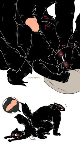 abdominal_bulge after_orgasm anthro anthro_on_anthro anthro_penetrated anthro_penetrating anthro_penetrating_anthro ass_to_ass balls_deep black_body black_ears black_fur black_tail blush bodily_fluids cum cum_in_vagina cum_inside cum_on_ground duo ejaculation female female_focus female_penetrated fur genital_fluids genitals kneeling knot knotted_penis knotting larger_male leaking_cum leg_grab lying male male/female male_penetrating male_penetrating_female moan narrowed_eyes on_front open_mouth penetration penile penile_penetration penis pillow pinned plap sex size_difference smaller_female stuck sweat_emanata tail tears text three-quarter_view vaginal vaginal_fluids vaginal_penetration lovebuffpg45 canid canine mammal artist_name hi_res