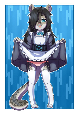 anthro apron biped black_clothing black_dress black_hair blue_eyes bottomwear brown_body brown_fur camel_toe clothed clothing clothing_lift countershade_face countershade_fur countershade_tail countershading digitigrade dress eyebrows female front_view fur garter_straps hair hair_over_eye inner_ear_fluff legwear leopard_spots long_hair looking_at_viewer maid_uniform markings multicolored_body multicolored_fur panties red_clothing red_nose red_panties red_underwear simple_background skirt skirt_lift solo spots spotted_body standing stockings tail thigh_highs tongue tongue_out tuft two_tone_body two_tone_fur underwear uniform white_apron white_body white_clothing white_countershading white_fur white_legwear white_stockings young young_anthro young_female gi0 sasha_(kitnkahbootle) felid mammal pantherine snow_leopard 2026 absurd_res hi_res