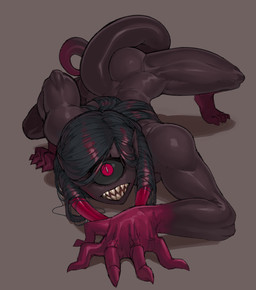 1_eye 5_fingers 5_toes all_fours biped black_body black_hair black_sclera black_skin brown_background butt claws dark_body dark_skin dipstick_tail feet female fingers front_view gloves_(marking) hair horn leg_markings long_hair long_tail looking_at_viewer looking_up markings multicolored_body multicolored_skin multicolored_tail muscular muscular_female muscular_humanoid noseless not_furry nude pupils red_body red_eyes red_skin sharp_teeth simple_background slit_pupils socks_(marking) solo tail tail_markings teeth toes two_tone_body two_tone_skin two_tone_tail white_pupils krekk0v femke_(anaid) cyclops demon humanoid huntailclops tailclops_(species) 2019 hi_res