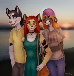 anthro clothed clothing female fur group hair hat headgear headwear male outside smile standing sunset felicia_cat felicia_cat_(character) canid canine canis domestic_dog felid mammal