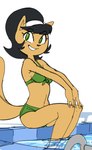 2022 accessory anthro bikini black_hair clothing dbaru domestic_cat felid feline felis female fur green_bikini green_clothing green_eyes green_swimwear hair hair_accessory hairband hi_res kitty_katswell mammal nickelodeon poolside simple_background solo swimming_pool swimwear t.u.f.f._puppy tan_body tan_fur two-piece_swimsuit water white_background