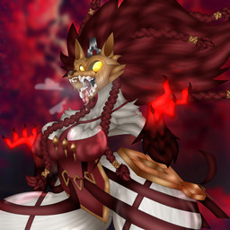 anthro big_breasts bodily_fluids braided_hair breasts claws clothing female fluffy fluffy_hair glistening glistening_body glowing glowing_eyes hair mask metal saliva saliva_on_tongue saliva_string sharp_teeth solo steam steamy_breath teeth thick_thighs tight_clothing wide_hips passiona_roo league_of_legends riot_games tencent chosen_of_the_wolf_kindred kindred_(lol) bovid canid canine canis caprine mammal sheep wolf hi_res