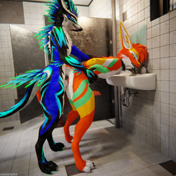 anal anal_penetration animal_genitalia animal_penis anthro anthro_on_anthro anthro_penetrated anthro_penetrating anthro_penetrating_anthro arms_tied balls bathroom bathroom_sex bathroom_sink biped black_body black_fur blue_body blue_fur bodily_fluids bound canine_genitalia canine_penis claws clothing collar cum cum_drip cum_dripping_from_penis cum_on_penis depth_of_field dominant dripping duo erection fur genital_fluids genitals green_body green_fur grey_body grey_fur hair hand_on_back hand_on_hip hands_behind_back inside knot male male/male male_penetrated male_penetrating male_penetrating_male moan multicolored_body nude open_mouth orange_body orange_fur orgasm paws penetration penis public public_restroom pushing pushing_down rape_play reflection sex slim slim_anthro slim_male slim_sub smile submissive submissive_male tail teeth white_body white_fur yellow_body yellow_fur dragonplayer jackfennec knuffelfratz canid canine canis fox mammal rexouium 1:1 3d_(artwork) absurd_res blender_(artwork) blender_cycles_(artwork) digital_media_(artwork) hi_res