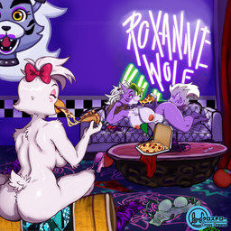 anthro areola beak big_breasts big_butt black_nose breasts butt casual_nudity collar dipstick_tail duo ear_piercing eating eating_food eyelashes eyes_closed eyeshadow facial_markings feathers female fingers food fur green_highlights hair head_markings head_tuft highlights_(coloring) holding_food holding_object holding_pizza long_hair lying makeup markings navel nipples non-mammal_breasts nude on_side orange_eyes piercing pink_areola pink_bow pink_eyeshadow pink_nipples pizza purple_body purple_fur sitting spiked_collar spikes tail tail_markings thick_thighs tuft white_body white_feathers white_fur white_hair wide_hips crossdrawss five_nights_at_freddy's five_nights_at_freddy's:_security_breach scottgames steel_wool_studios glamrock_chica roxanne_wolf avian bird canid canine canis chicken galliform mammal phasianid wolf 1:1 2025 digital_media_(artwork) hi_res