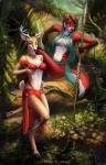 anthro antlers barefoot black_nose blue_eyes breasts clothed clothing cloven_hooves convenient_censorship detailed_background dewclaw_hooves digitigrade duo feet female forest fur green_eyes hair hand_on_breast holding_breast hooves horn jewelry jungle lingerie looking_at_viewer midriff navel plant red_body red_fur red_hair sitting skimpy standing tail tree underhoof unguligrade etskuni lenika roxana_(ayx) canid canine deer fox mammal 2018 censored digital_media_(artwork) hi_res