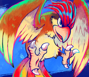ambiguous_gender beak feathered_wings feathers feet feral fluffy flying open_mouth simple_background smile solo talons toes wings the-chu nintendo pokemon avian bird generation_1_pokemon pidgeotto pokemon_(species)