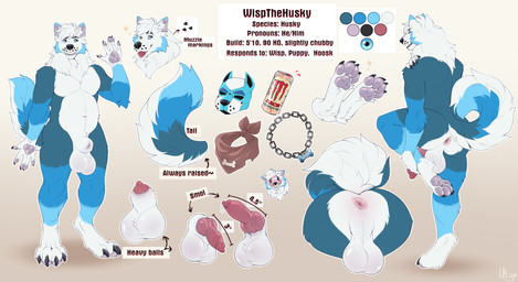 animal_genitalia animal_mask anthro anus balls belly big_anus big_balls blue_body blue_ear_tip blue_eyes blue_fur blush bodily_fluids bone_collar_tag brown_kerchief chain_collar claws collar collar_tag color_swatch curled_tail ear_tuft embarrassed erection flushed front_view fully_sheathed fur genital_fluids genitals gesture hair half-erect hand_outstretched heavy_balls holding_leg holding_shoulder humiliation kerchief knot male mask multicolored_body multicolored_ears multicolored_fur multicolored_tail multiple_angles navel neck_tuft pawpads penis penis_humiliation penis_tip pink_pawpads pointy_ears precum presenting presenting_anus prick_ears pup_mask raised_leg raised_tail rear_view sheath shy simple_background size_shaming slightly_chubby slightly_chubby_male small_penis small_penis_humiliation smile solo sparkles tail teeth teeth_showing text tongue tongue_out tuft vein veiny_penis waving white_belly white_body white_fur white_hair white_paws utya monster_energy wisp_(wispthehusky) canid canine canis domestic_dog husky mammal nordic_sled_dog spitz absurd_res english_text hi_res model_sheet
