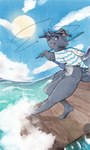 anthro canid canine canis clothing cloud cloudy_sky colored digital_media_(artwork) digital_painting_(artwork) domestic_dog fish_hook fishing fishing_rod herding_dog hi_res holding_object hook male mammal pastoral_dog poncho sea seadogskipper seaside sheepdog signature sky solo sun tongue tongue_out water watercolor_(artwork) wave