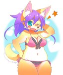 anthro big_breasts bikini blue_eyes blush breasts clothing curvy_figure cute_fangs ear_tuft female female_anthro fur hair hand_on_hip heart_symbol inner_ear_fluff kemono long_hair looking_at_viewer midriff navel one_eye_closed open_mouth open_smile purple_hair simple_background smile snout solo standing swimwear thick_thighs tuft two-piece_swimsuit voluptuous wink yellow_body yellow_fur bojiku canid canine fox mammal 2015