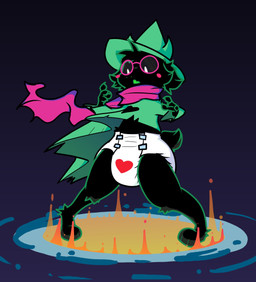 3_toes 4_fingers ambiguous_gender anthro black_body black_claws black_finger_claws black_fur black_tail blush blush_stickers claws clean_diaper clothed clothing diaper eyewear feet finger_claws fingers fur glasses green_clothing green_hat green_headwear green_robe grey_background hat head_horn headgear headwear heart_clothing heart_diaper heart_symbol heart_underwear horn looking_down open_mouth pink_eyewear pink_glasses pink_scarf robe round_glasses scarf simple_background snaggle_tooth solo tail three-quarter_view toes underwear wearing_diaper wearing_glasses wizard_hat rapoof deltarune undertale_(series) ralsei bovid caprine darkner goat mammal full-length_portrait hi_res portrait male_(lore)