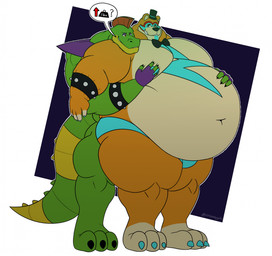 3_toes anthro armwear belly big_belly blue_nipples bow_tie clothing directional_arrow duo embarrassed embarrassed_expression feederism feet hat headgear headwear machine male moob_grab moobs muscular muscular_anthro muscular_male nipples overweight overweight_anthro overweight_male speech_bubble standing tight_armwear tight_clothing toes top_hat up_arrow randomheck randomrusso five_nights_at_freddy's five_nights_at_freddy's:_security_breach scottgames steel_wool_studios glamrock_freddy montgomery_gator alligator alligatorid animatronic bear crocodilian mammal reptile robot scalie 2024 hi_res