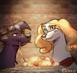 blue_eyes brick_wall brown_eyes duo feral food food_in_mouth furniture half-closed_eyes looking_at_viewer male meatball narrowed_eyes pasta spaghetti table wall_(structure) eklera belfort_and_lupin belfort_(belfort_and_lupin) lupin_(belfort_and_lupin) canid canine canis domestic_dog hybrid mammal wolfdog 2025 hi_res signature