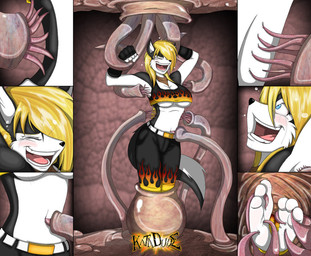 3_toes anthro arms_above_head barefoot bdsm belt belt_buckle black_nose blonde_hair blue_eyes blush bodily_fluids bondage bottomwear bound breasts buckle cilia clothed clothing crying crying_laughing eyes_closed feet female fingerless_gloves fingers foot_fetish foot_focus fur gloves hair handwear laugh legwear multicolored_body multicolored_fur navel open_mouth pants paws plantigrade pod pointy_ears restrained shirt smile soles solo squirming struggling tail tears teeth tentacles tickle_fetish tickle_torture tickling tickling_armpits tickling_belly tickling_feet tickling_navel tickling_sides toes topwear dazidentevil canid canine canis domestic_dog husky mammal nordic_sled_dog spitz tentacle_creature digital_media_(artwork)