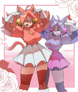ahoge animal_ears big_breasts bottomwear breasts clothed clothed_female clothed_humanoid clothing cross-popping_vein double_v_sign duo fangs female fully_clothed fully_clothed_female fully_clothed_humanoid gesture gloves hair hair_bell hand_gesture handwear heart_necklace inner_ear_fluff one_eye_closed pink_clothing pink_hair pink_topwear purple_body purple_clothing purple_hair purple_skin skirt tail teeth topwear tuft v_sign white_bottomwear white_clothing white_gloves white_handwear white_skirt shnkkai deltarune undertale_(series) irritable_ghost_(deltarune) mad_mew_mew mew_mew_(undertale) pink_(deltarune) animal_humanoid cat_humanoid felid felid_humanoid feline feline_humanoid humanoid mammal mammal_humanoid 2026 absurd_res hi_res