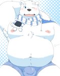 anthro belly black_nose blue_eyes blush bulge clothing detailed_bulge genital_outline kemono male moobs navel nipples overweight overweight_anthro overweight_male penis_outline scarf solo underwear hagom utau shirane_kan bear mammal polar_bear ursine 2021 hi_res