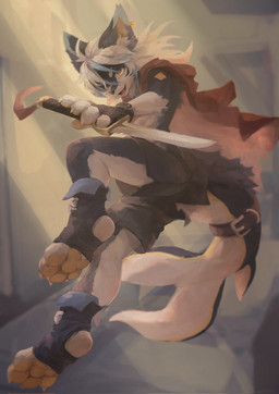 4_toes 5_fingers adolescent anthro bottomwear claws clothing feet finger_claws fingers footwear fur hair holding_melee_weapon holding_object holding_sword holding_weapon kemono looking_at_viewer looking_back looking_back_at_viewer low-angle_view male male_anthro melee_weapon multicolored_body open_mouth pawpads paws shirt shorts socks solo stirrup_socks sword tail toe_claws toeless_footwear toes topwear weapon white_hair young young_anthro young_male micrk canid canine hybrid mammal 2024 digital_media_(artwork) hi_res
