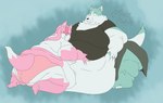 anthro belly belly_overhang big_belly blush breasts clothed clothing duo female fur hair holding_belly hug long_hair male moobs morbidly_obese morbidly_obese_anthro morbidly_obese_male multicolored_body multicolored_fur obese obese_anthro obese_female obese_male overweight overweight_anthro overweight_female overweight_male panties pink_body pink_fur pink_hair simple_background smile squishing_cheeks thick_thighs two_tone_body two_tone_fur underwear white_body white_fur paceplusle brand_new_animal studio_trigger nazuna_hiwatashi shirou_ogami canid canine canis fox mammal wolf 2022 digital_media_(artwork)