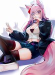 black_clothing black_jacket black_legwear black_thigh_highs black_topwear bottomwear breasts cleavage clothed clothing eyewear female fluffy fluffy_tail footwear gesture glasses hair hand_gesture inner_ear_fluff jacket legwear medium_breasts open_clothing open_jacket open_topwear pink_eyes pink_hair pink_tail shoes shorts simple_background smug sneakers solo tail thigh_highs topwear tuft v_sign wearing_glasses white_background white_clothing white_topwear ehrrr nep_(nepgeah) animal_humanoid canid canid_humanoid canine canine_humanoid humanoid mammal mammal_humanoid wolf_humanoid 2022 hi_res