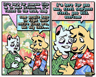 2_panel_comic aloha_shirt anthro clothing dialogue duo eye_bags floppy_ears fur half-closed_eyes khakis male narrowed_eyes pattern_clothing pattern_shirt pattern_topwear shirt smile speech_bubble sweater text toony topwear white_body white_fur wide_eyed yellow_body yellow_fur rawdawgcomics desmond_(rawdawgcomics) stahli_(rawdawgcomics) bird_dog canid canine canis domestic_cat domestic_dog felid feline felis golden_retriever hunting_dog mammal retriever 5:4 comic english_text