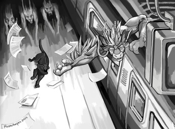 4_ears anthro feathered_wings feathers hunting inside_train male multi_ear newspaper running screen solo teeth train vehicle winged_arms wings mynnothepen tiskanomicon avali domestic_cat felid feline felis mammal monster monochrome