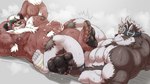 abs anthro armpit_hair belly blush bodily_fluids body_hair brown_body brown_fur cum duo feet fur genital_fluids grey_body grey_fur male male/male musclegut muscular muscular_anthro muscular_male nipples orgasm pecs submission_hold toes wrestling aotoaka lifewonders tokyo_afterschool_summoners horkeu_kamui_(tas) kimun_kamui_(tas) bear canid canine canis mammal wolf 16:9 widescreen