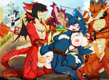 ankle_cuffs anthro anthro_on_anthro anthro_penetrated anthro_penetrating anthro_penetrating_anthro areola ball balls big_areola black_hair blue_body blue_eyes blue_fur blush bodily_fluids bound bound_together breasts butt chain chest_tuft collar cowgirl_position crossed_arms cuff_(restraint) cum cum_in_mouth cum_in_vagina cum_inside cum_on_breasts cum_on_butt cum_on_face cumshot dominant dominant_male double_penetration ejaculation erection eyes_closed fellatio female female_on_top female_penetrated foursome from_behind_position from_front_position fur genital_fluids genitals green_body grin group group_sex hair handjob horn kemono kneeling leash looking_back lying male male/female male_dominating_female male_on_bottom male_penetrating male_penetrating_female nipples nude on_back on_bottom on_top open_mouth oral oral_penetration orange_body orange_eyes orgasm penetration penile penile_penetration penis penis_in_vagina pink_nipples purple_body red_body restraints sex shackles sign smile spitroast standing straddling submissive submissive_female tail tan_body tan_fur teeth text threesome tongue tongue_out trio triple_penetration tuft vaginal vaginal_penetration vulva wings wrist_cuffs dragoon86 mythology xuan_(xuan_sirius) canid canine canis dragon mammal mythological_creature mythological_scalie scalie wolf 2015 censored english_text