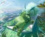 anthro big_breasts breasts clothing detailed_background drugs female flotation_device green_body lying marijuana nipple_slip nipples on_side one-piece_swimsuit relaxing sea smoke smoking smoking_marijuana solo swimwear thick_thighs water blulesnsfw arthropod insect lepidopteran moth hi_res